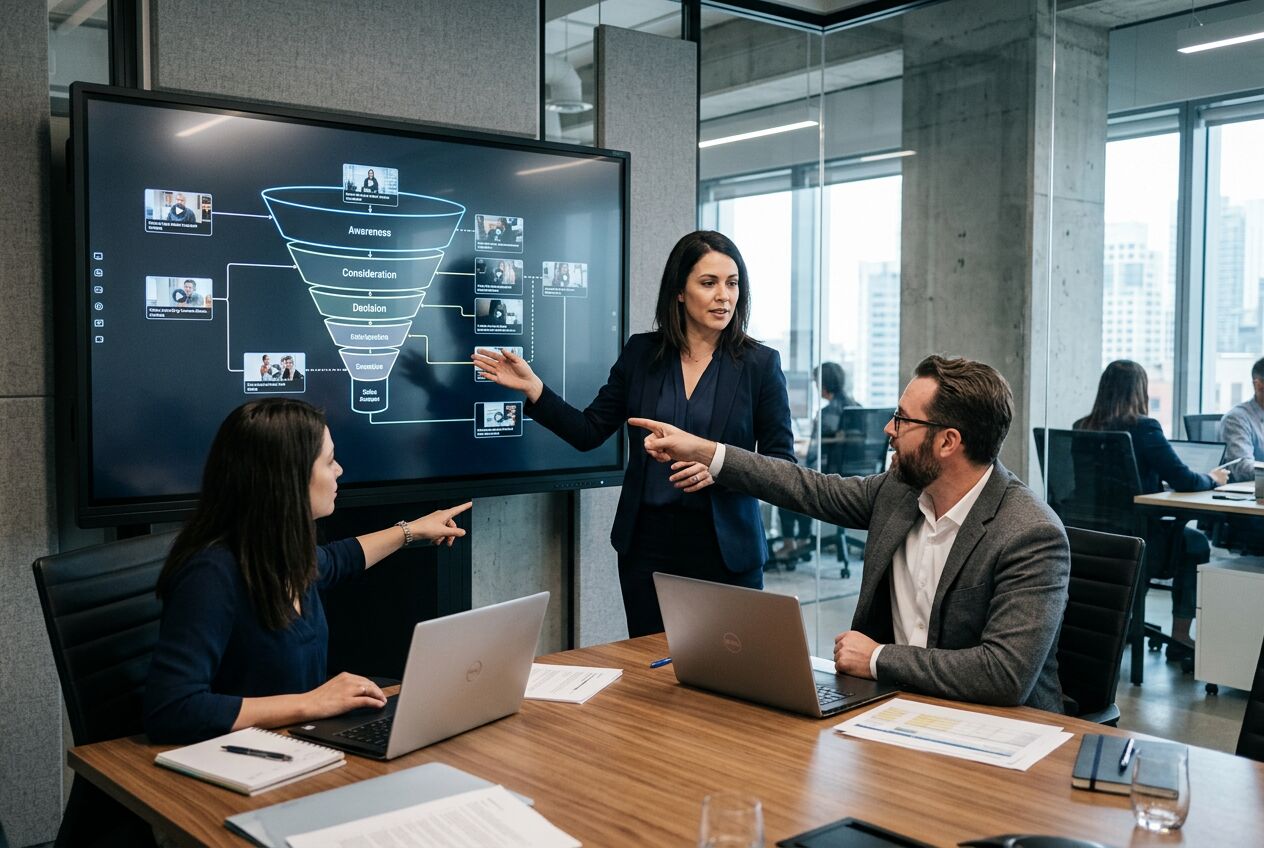 B2B-marketingmanager die met twee collega’s in een vergaderruimte een salesfunnel met verschillende video’s op een groot scherm bespreekt.