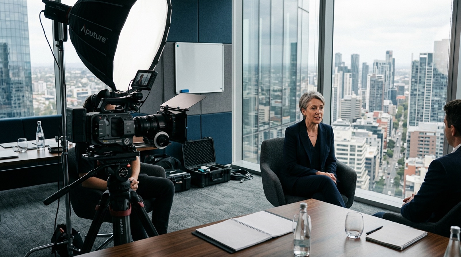 Interviewopstelling in een moderne boardroom met camera, softbox en uitzicht over de stad