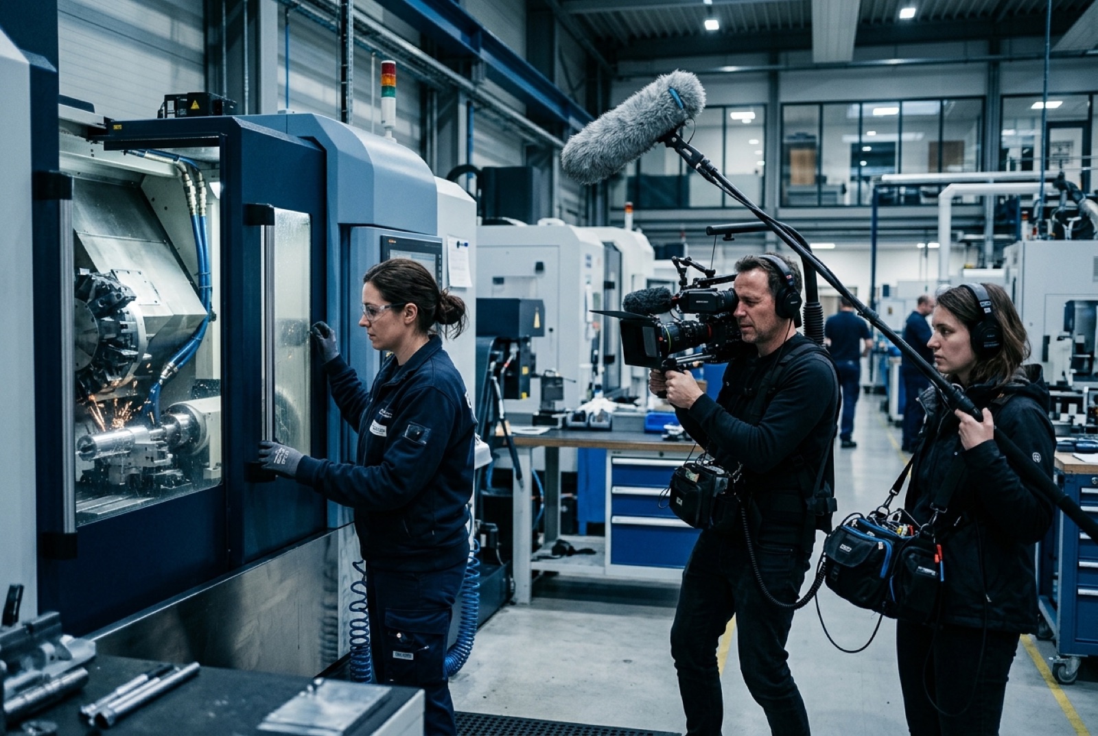 Filmcrew legt een medewerker vast die aan een machine werkt in een moderne fabriek